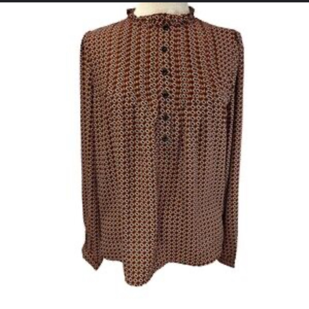Rachel Zoe | Brown and White Ruffled Blouse with Mandarin Collar | Sz S